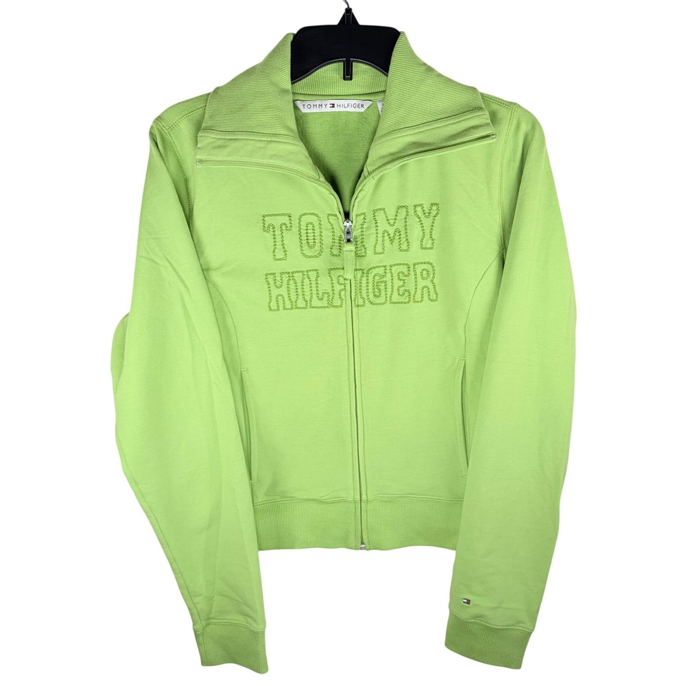 Vintage Y2K Tommy Hilfiger Track Jacket Spellout Lime Green Full Zip Womens L